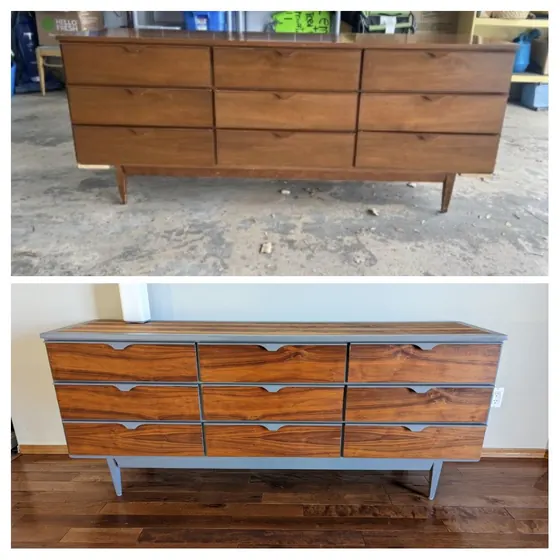 A mid-century dresser shown before and after refinishing